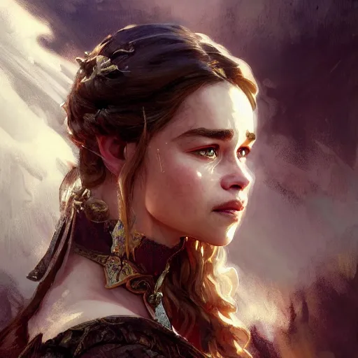 Image similar to Emilia Clarke, D&D, fantasy, intricate, cinematic lighting, highly detailed, digital painting, artstation, concept art, smooth, sharp focus, illustration, art by Artgerm and Greg Rutkowski and Alphonse Mucha