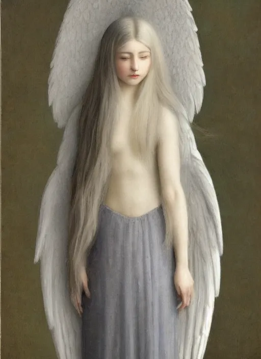 Image similar to thin young wan beautiful angel, silver hair so long, pale!, long silver hair, silver angel wings, smooth skin, wan adorable korean face, silver hair!!, style of fernand khnopff and lucien levy - dhurmer, oil on canvas, 1 8 6 2, 4 k resolution, aesthetic!,