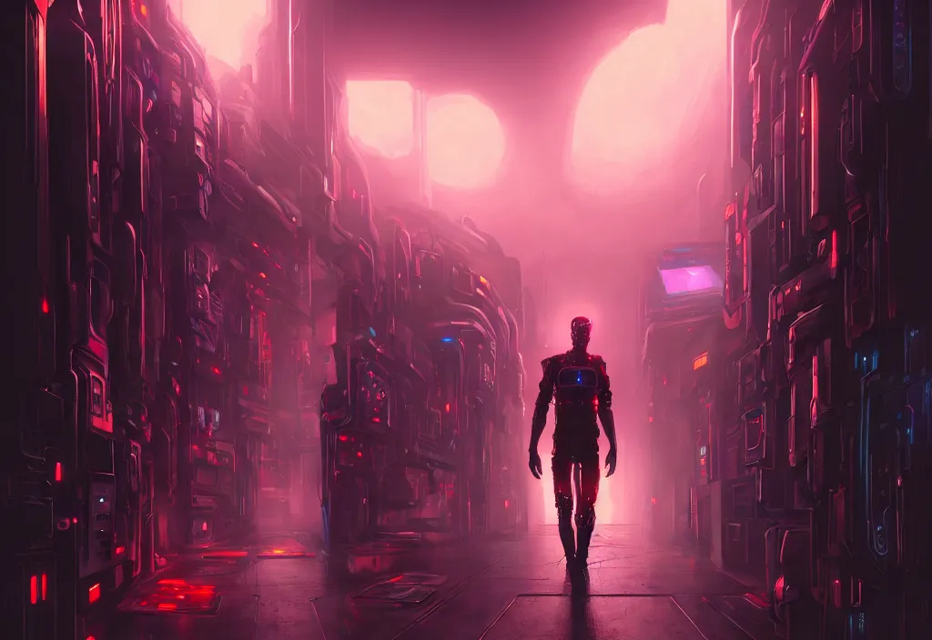 Prompt: art by vincent lefevre, cyberpunk by finnian macmanus, shot of film cyborg walking in server room, character design, altermodern, cityscape, synthwave, matte painting, trending on artstation, volumetric lighting, dramatic lighting