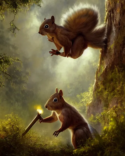 Prompt: oil painting of Anthropomorphized Squirrel attacking, wearing armor, wearing war paint, sharp focus, fantasy style, octane render, volumetric lighting, 8k high definition, by greg rutkowski, highly detailed, trending on art Station, magic the gathering artwork, magical forest backround, centered