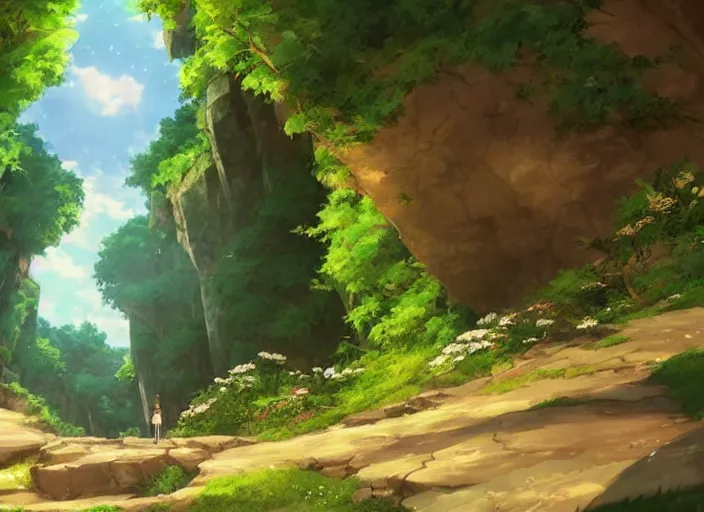 Prompt: A entrance into a magical cavern, wide shot, peaceful and serene, incredible perspective, soft warm lighting, anime scenery by Makoto Shinkai and studio ghibli, very detailed