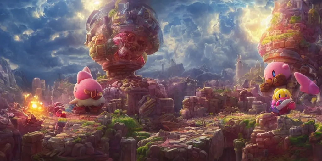 Image similar to kirby eating the source of capitalism, realistic 4 k octane beautifully detailed render, 4 k post - processing, highly detailed, intricate complexity, epic composition, magical atmosphere, cinematic lighting, masterpiece, ultra hd