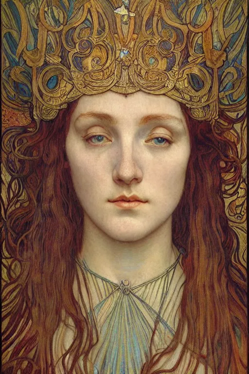 Image similar to detailed realistic beautiful young medieval queen face portrait by jean delville, alphonse mucha, vincent van gogh, and marco mazzoni, art nouveau, symbolist, visionary, gothic, pre - raphaelite