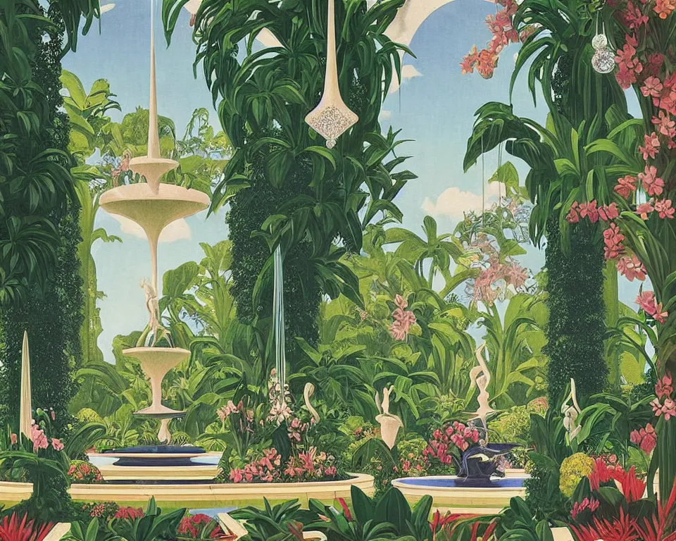 Prompt: an achingly beautiful print of the interior of an Art deco botanic garden, featuring flowing sculptured fountains, blooming tropical flowers, crystal chandeliers, and classical antiquities by Raphael, Hopper, and Rene Magritte. detailed, romantic, enchanting, Donald Trump is there.