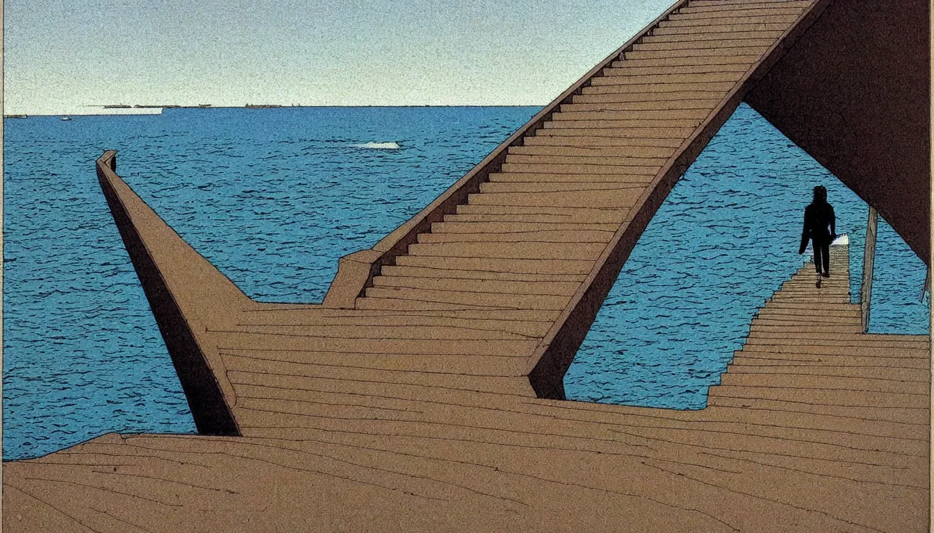 Prompt: walking down the stairs to the ocean, moebius