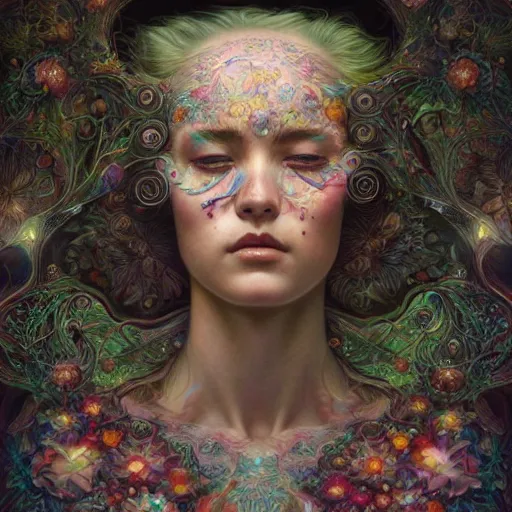 Prompt: hyper detailed masterpiece, floral pattern, jean giraud, single tear, digital art painting, matte painting, beautiful, psychedelic, artgerm, donato giancola, tom bagshaw