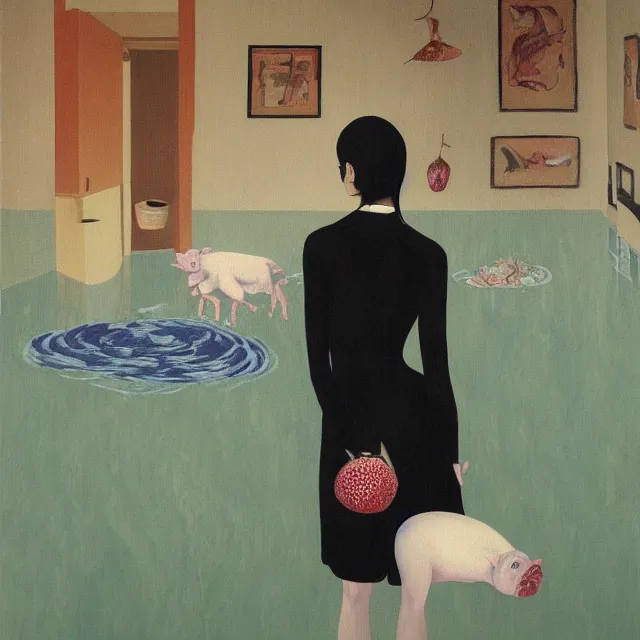 Image similar to tall female emo artist holding a pig in her flooded bathroom, water gushing from ceiling, painting of flood waters inside an artist's bathroom, a river flooding indoors, pomegranates, pigs, ikebana, zen, water, octopus, river, rapids, waterfall, black swans, canoe, berries, acrylic on canvas, surrealist, by magritte and monet