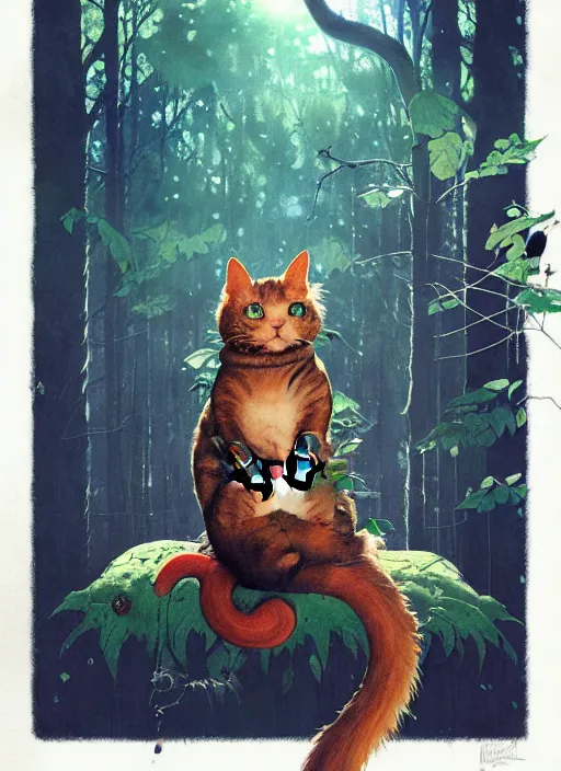 Image similar to a hyper realistic ink cat alien technology and sunbeams blue sky, lush forest foliage painting by chiara bautista and norman rockwell and greg rutkowski weta studio, and lucasfilm