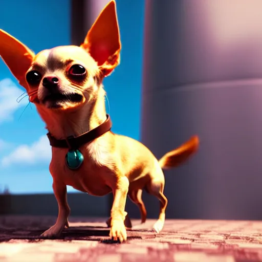 Image similar to a chihuahua living in an extradimensional reality where it is a god, in the style of wlop, illustration, epic, fantasy, hyper detailed, smooth, unreal engine, sharp focus, ray tracing, physically based rendering, renderman, beautiful