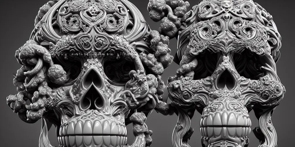 Image similar to curly gothic baroque tiki skull head , intricate ornate marble carving, white background, sculpture, hyper-realistic, micro details, focused, dramatic, sophisticated, soft surface, professional photography, overhead dramatic light, medium-shot, 3d art, artstation, CGsociety, 3d render, environmental key art, octane render, weta digital, 3d sculpture, structure, render in octane, unreal engine, ray trace 4k, cinematic ,dynamic light, amazing details, beautiful ,