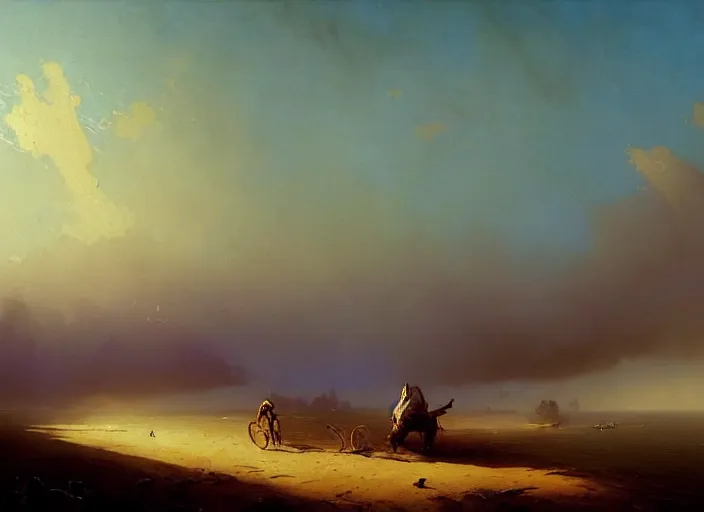 Image similar to blue - turquoise fog in a sunny wasteland, hyperrealism, no blur, 4 k resolution, ultra detailed, style of asher brown durand, ismail inceoglu, robert mccall, ivan aivazovsky, syd mead