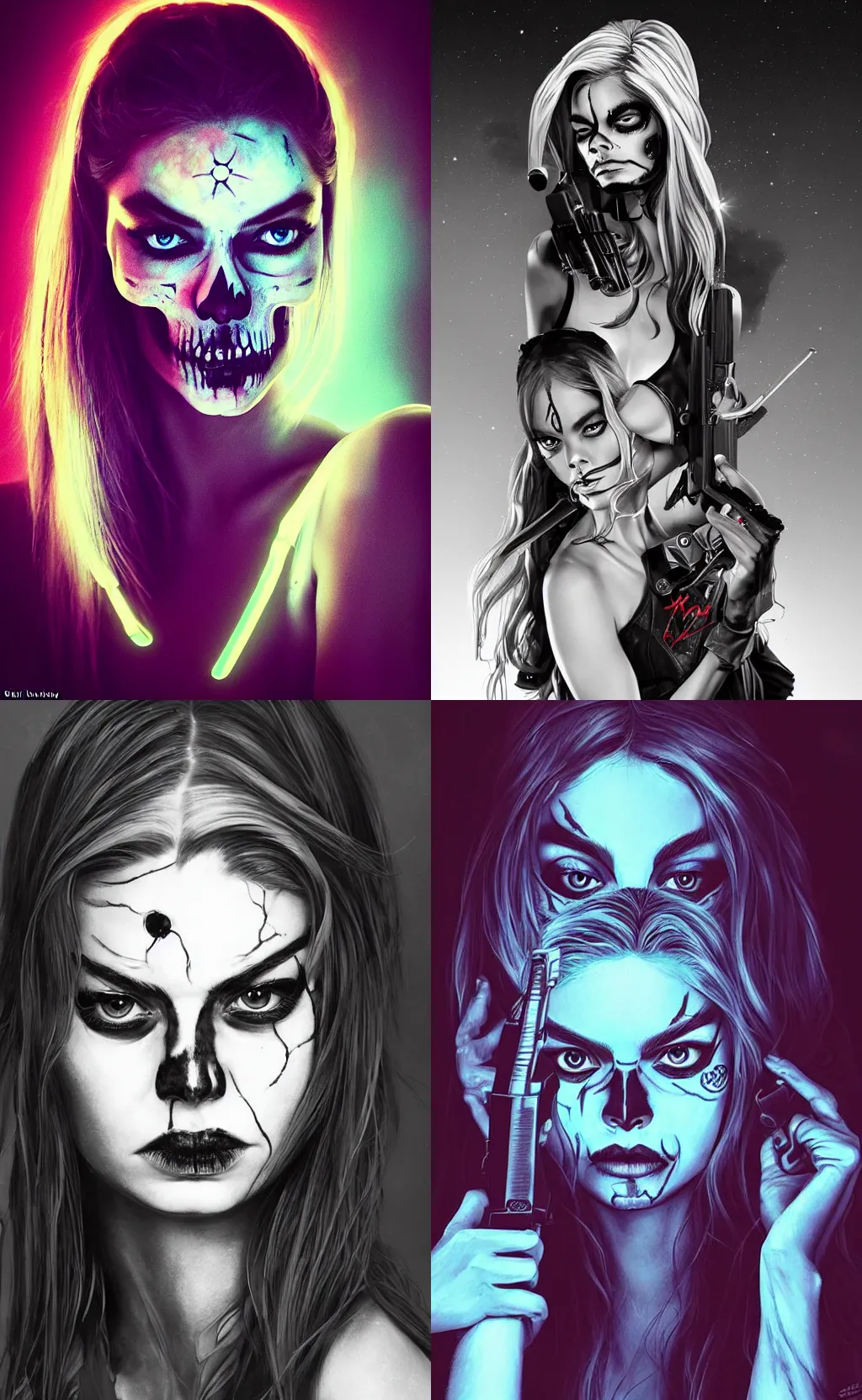 Image similar to in the style of artgerm, Samara Weaving with skull paint on her face, holding a shotgun, standing in a dark alley, night, neon