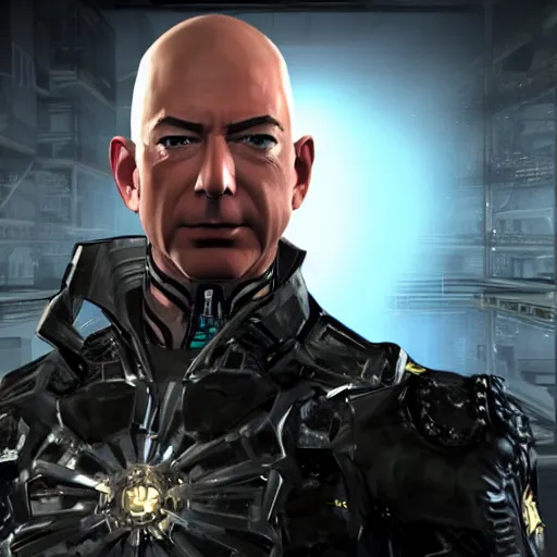 Image similar to A highly detailed screenshot of Jeff Bezos in Metal Gear Rising: Revengeance