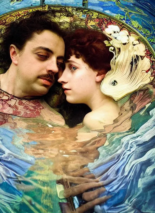 Prompt: detailed colourful masterpiece of art nouveau photography by anne leibovitz couple portrait sat down extreme closeup, love, inside an underwater train, detailed realistic expressions, wearing unusual clothes, by william powell frith frederic leighton and john william waterhouse, ultra wide angle