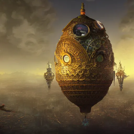 Image similar to enormous flying city!! in a gigantic faberge egg, sky!!!, steampunk, aetherpunk, fantasy art, unreal engine,