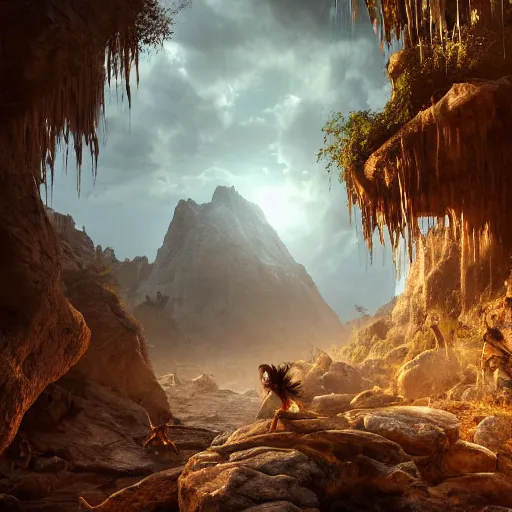 Image similar to cavemen surviving in the wild, volumetric lighting, 8 k octane beautifully detailed render, post - processing, extremely hyper - detailed, intricate, epic composition, cinematic lighting, masterpiece, trending on artstation, detailed detailed detailed, masterpiece, beautiful cinematic light,