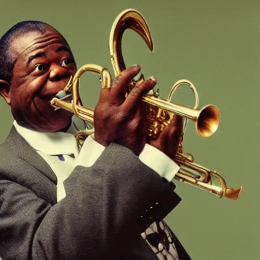 Image similar to louis armstrong holding a big hairy spider to his lips like a trumpet