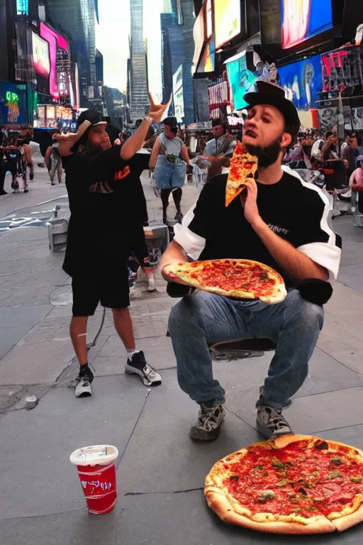 Image similar to a Cthulhu rapper eating pizza in Times Square