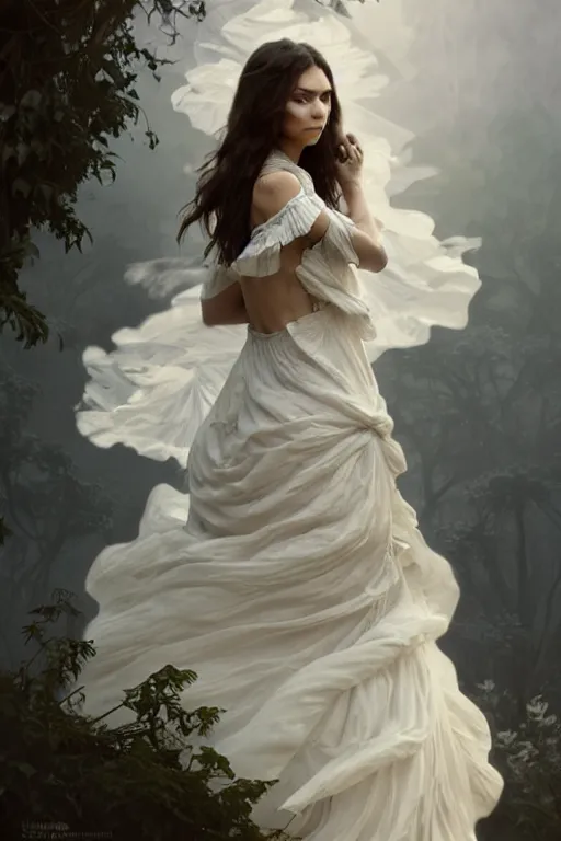 Image similar to Nina Dobrev dressed in a vaporous wrapped large victorian white roses cotton dress fashion, D&D, fantasy, intricate, elegant, highly detailed, digital painting, artstation, concept art, matte, sharp focus, illustration, art by Artgerm and Greg Rutkowski and Alphonse Mucha
