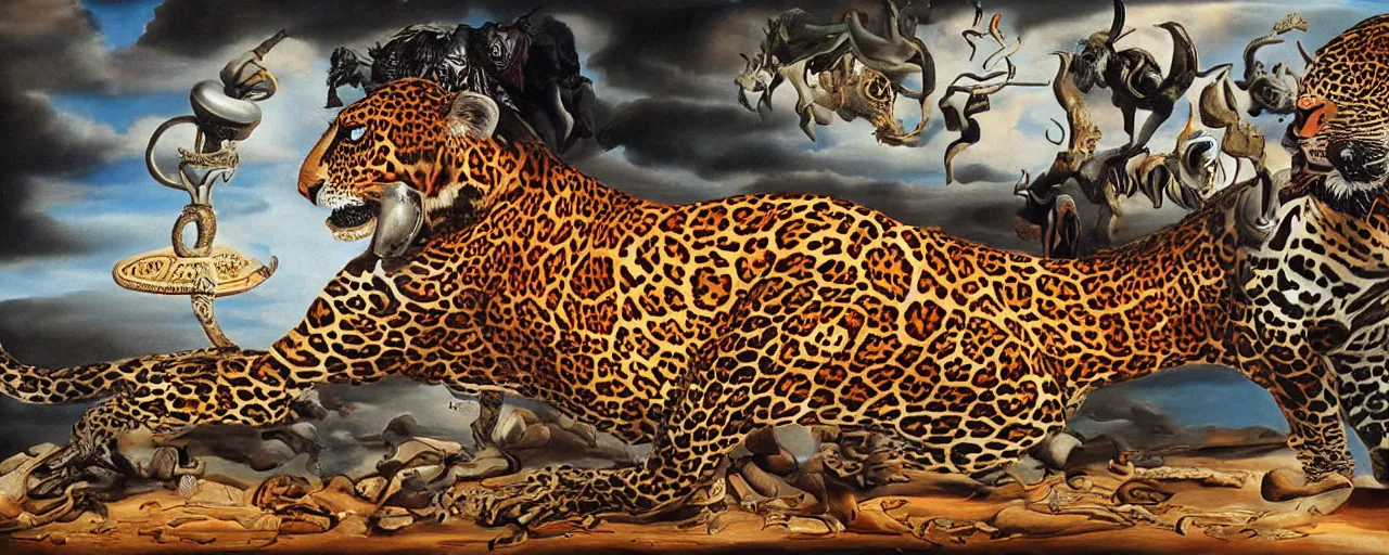 Image similar to an intricated and detailed painting of a shaman turning into a jaguar by salvador dali 4 k render