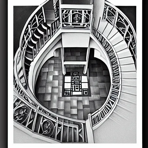 Prompt: detailed blueprints for spiral staircase by mc escher