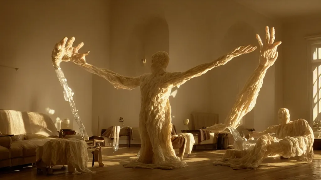 Image similar to a giant hand made of wax and water floats through the living room, film still from the movie directed by Denis Villeneuve with art direction by Salvador Dalí, wide lens