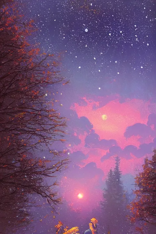 Prompt: beautiful trees and night sky with stars and galaxies, ornate detailed background, trending on artstation, by ilya kuvshinov, thomas kinkade