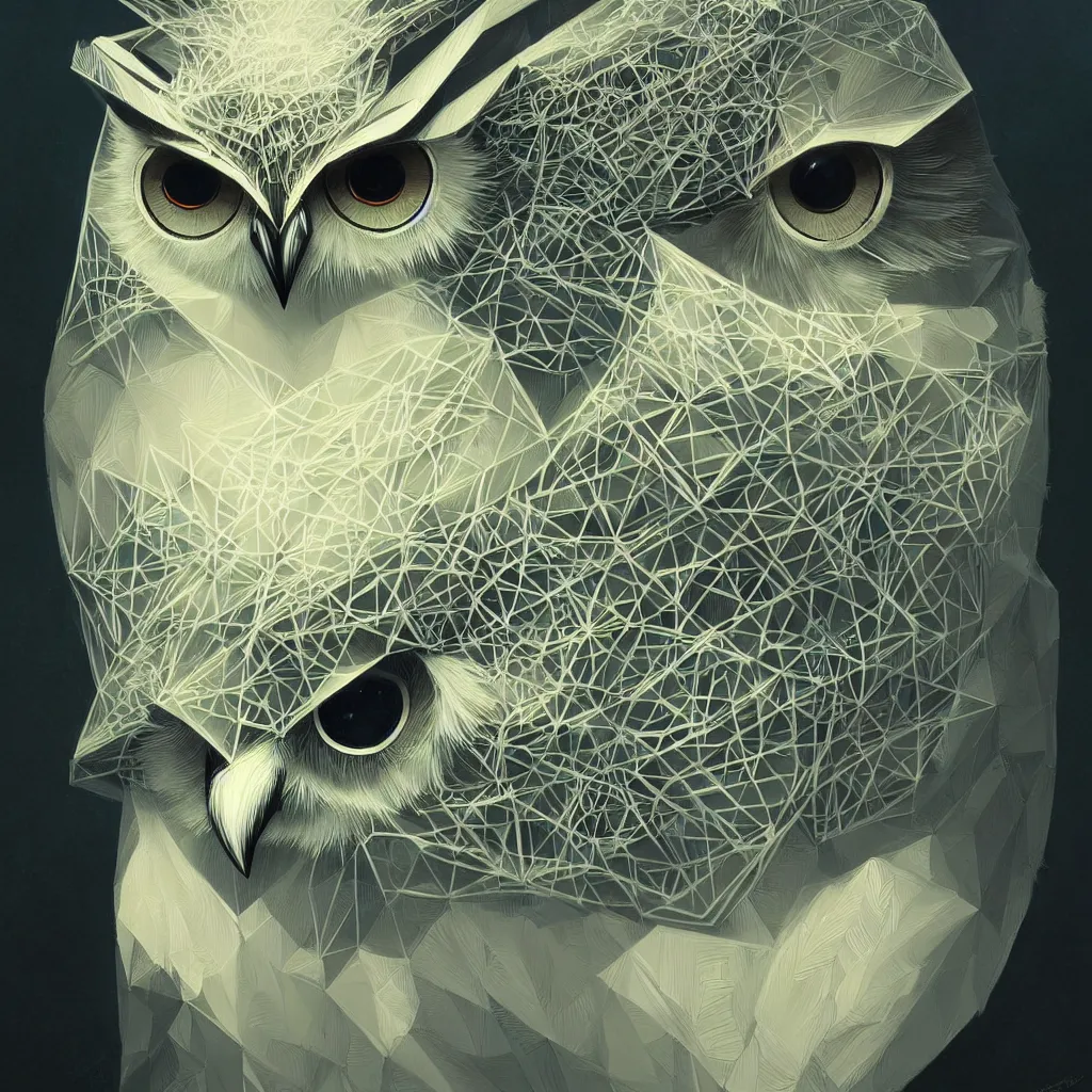 Image similar to portrait of a geometric owl, identical eyes, medium shot, illustration, full body made of white feathers, symmetrical, art stand, super detailed, cinematic lighting, and its detailed and intricate, gorgeous, by peter mohrbacher