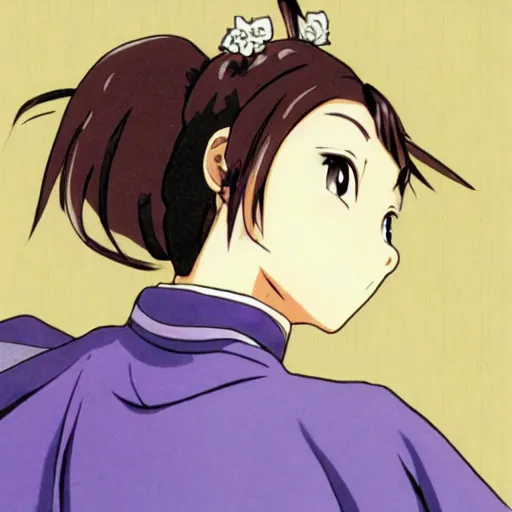 Prompt: an anime styled image of a woman dressed in a white yukata, her hair pulled back in a pony tail.
