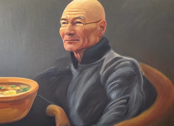 Image similar to an oil painting of patrick stewart sitting inside a big bowl of stew