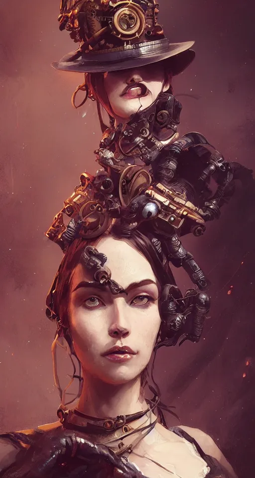 Prompt: A portrait of a women in the style of steampunk by Greg Rutkowski, Sung Choi, Mitchell Mohrhauser, Maciej Kuciara, Johnson Ting, Maxim Verehin, Peter Konig, Bloodborne, 8k photorealistic, cinematic lighting, HD, high details, dramatic, dark atmosphere, trending on artstation