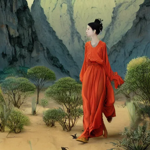 Prompt: beautiful oriental girl walks around Socotra among endemic plants and snags in a long transparent flowing dress and meets mystical animals, mystical insects, mystical birds, lizards, snakes, gorgeous, Atmosphere, hypnotic dimensions, mythology, Rococo, photorealism, in the style of Jin Kagetsu, James Jean and wlop, Valentin Serov style, Zdzislaw Beksinski style, hyperrealistic, sharp focus, intricate concept art, digital painting, ambient lighting, 4k, hdt, artstation trending on Gsociety, trending on ArtstationHQ, trending on deviantart, professionally post-processed, wide-angle action dynamic portraithyperdetailed, hyper quality, 16K