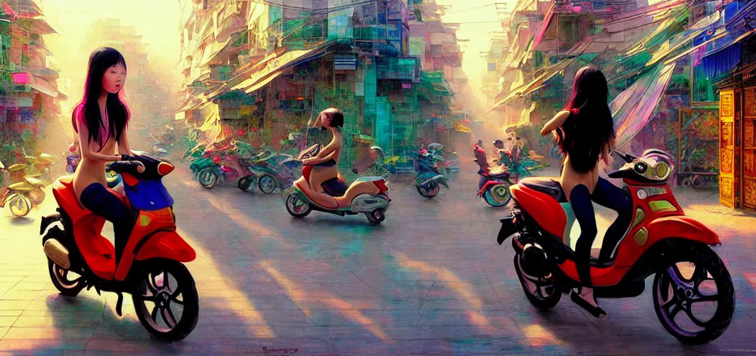 Image similar to a young asian girl, not wearing clothes, riding on the moped scooter, on the street of hanoi, digital illustration by ruan jia on artstation, colorful, rainbow, sunlight, soft lighting, insanely detailed and intricate, hypermaximalist, elegant, ornate, hyper realistic, super detailed, by akihito yoshida, by bob byerley