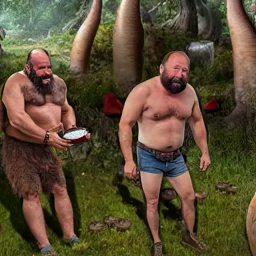 Image similar to caveman chugging a beer with joe rogan and alex jones frolicking around in a field of mushrooms smoking in real life, 8 k, 4 k uhd, realistic, hyper realistic, super detailed, very detailed, detailed