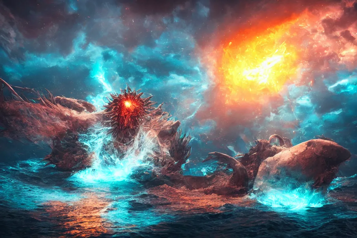 Prompt: colossal shaman gods destroying very living thing in the ocean, cast across the night sky, 8 k, ultra realistic, lens flare, atmosphere, glow, detailed, intricate, full of colour, cinematic lighting, trending on artstation, 4 k, hyperrealistic, focused, extreme details, unreal engine 5, cinematic, masterpiece