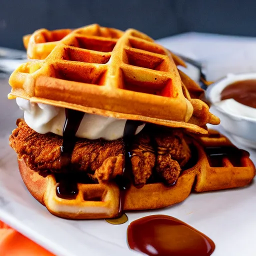 Prompt: photograph of a crispy Cajun fried chicken sandwich with Belgian Waffle Bun, maple syrup & hot fudge 4K, HD