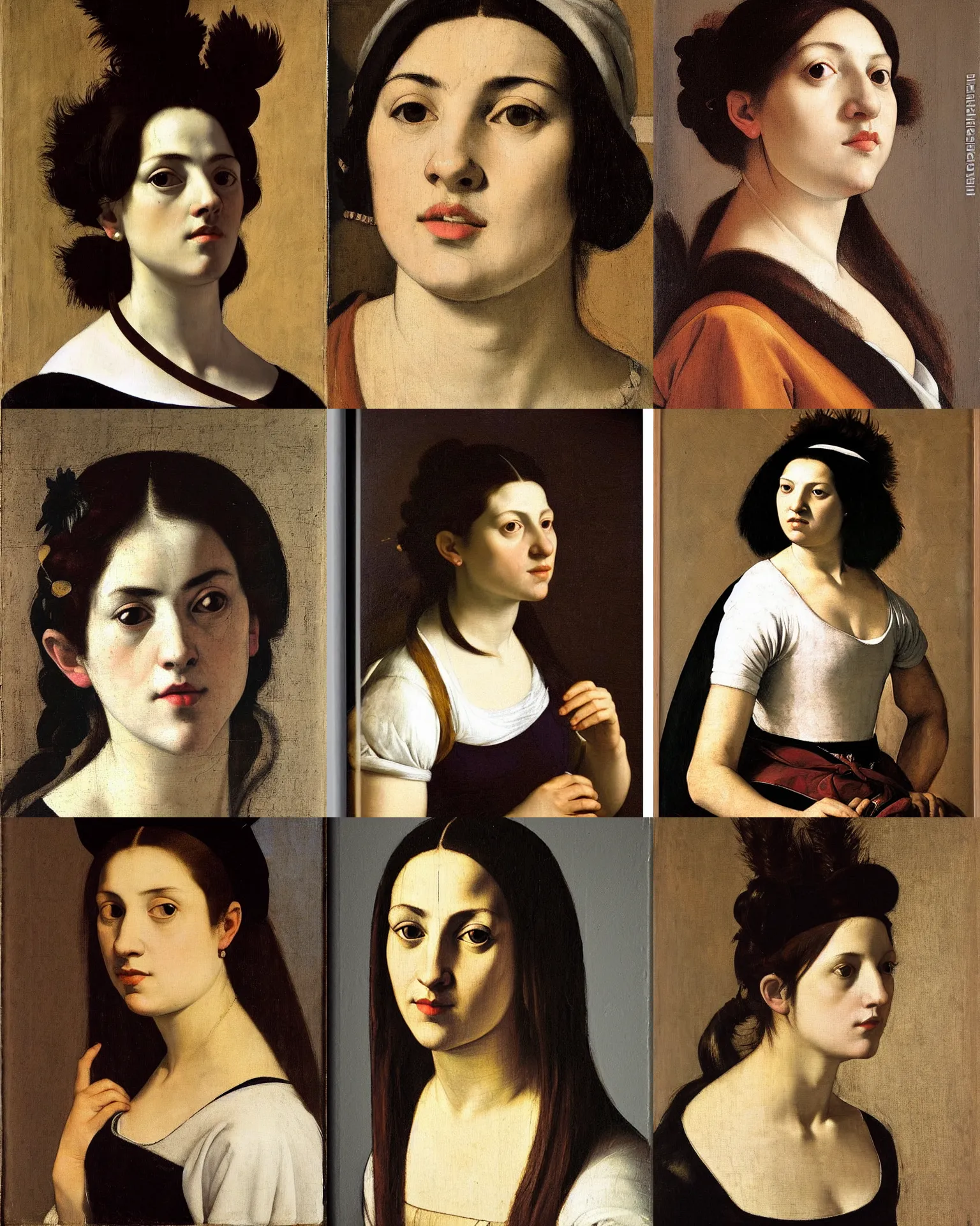 Prompt: a portrait of a woman by artemisia gentileschi. she has long straight dark brown hair, parted in the middle. she has large dark brown eyes, a small refined nose, and thin lips. she is wearing a t - shirt with the supreme brand logo lettering on it, a sleeveless white blouse, a pair of dark brown capris, and black loafers.