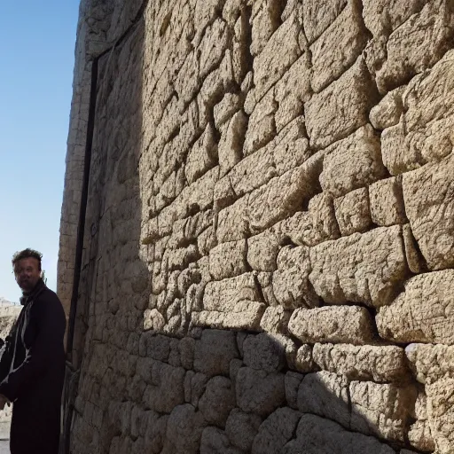 Prompt: award winning cinematic still of 40 year old man in ancient Canaanite clothing building a broken wall in Jerusalem, directed by Christopher Nolan