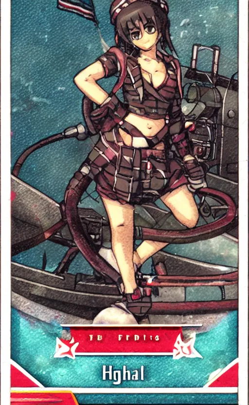 Image similar to the front of a modern trading card, high details, high resolution, kantai collection style, noise filtered