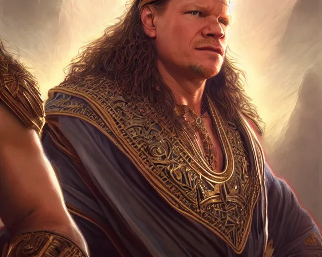 Prompt: chris jericho y 2 j wwf wwe wrestler lionheart, deep focus, d & d, fantasy, intricate, elegant, highly detailed, digital painting, artstation, concept art, matte, sharp focus, illustration, hearthstone, art by artgerm and greg rutkowski and alphonse mucha