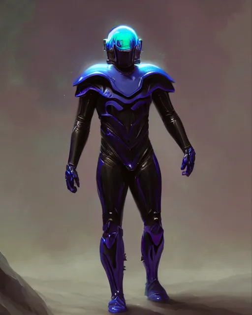Prompt: character concept of iridescent sinewy smooth muscular male sleek glossy indigo black pearlescent flowing scifi armor with smooth black featureless helmet, by greg rutkowski, mark brookes, jim burns, tom bagshaw, magali villeneuve, trending on artstation
