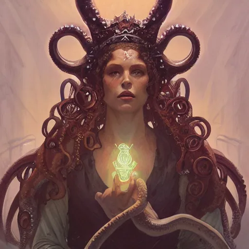 Image similar to A portrait of the Octopus Queen, Magic the Gathering art, art by greg rutkowski and alphonse mucha, matte painting, concept art, trending on artstation, very detailed