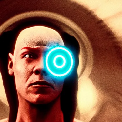 Image similar to movie still of cyborg with glowing third eye, cinematic composition, cinematic light, criterion collection, by the coen brothers