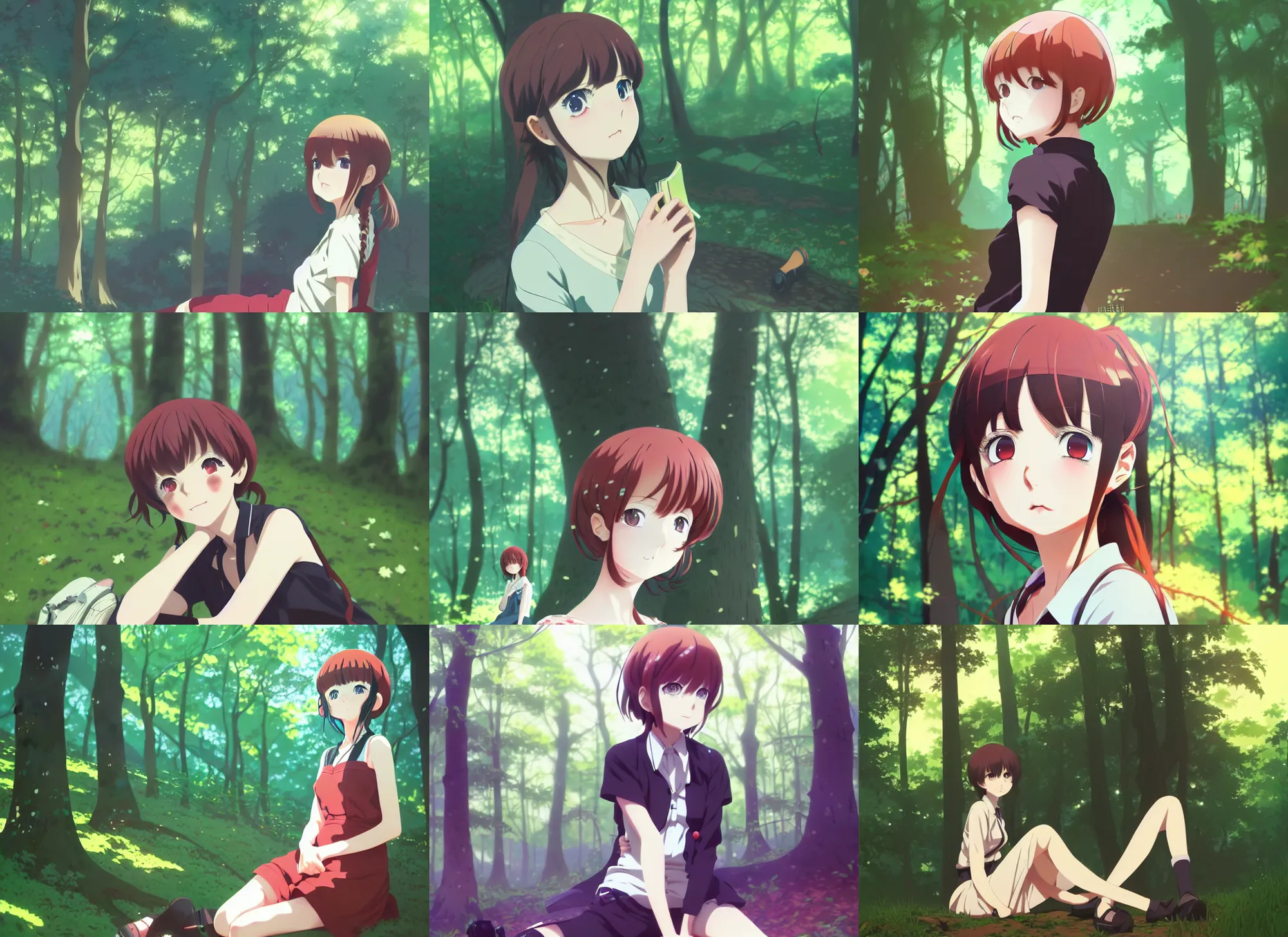 Prompt: anime visual portrait of a young female traveler in a forest resting, cute face by ilya kuvshinov, yoh yoshinari, dynamic pose, dynamic perspective, cel shaded, flat shading mucha, rounded eyes, moody, psycho pass, kyoani, paprika