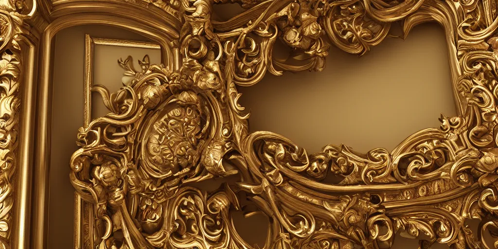 Prompt: hyper detailed baroque picture frame on a wall, 3 d octane render, ultra photorealistic