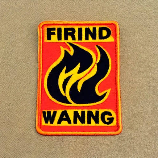 Prompt: vintage blazing windy fire flame warning label patch