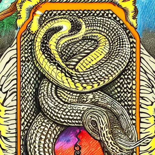 Image similar to a snake biting itself in the center of a tarot card, drawing style, intricate details in the frames, 4k, high quality render.