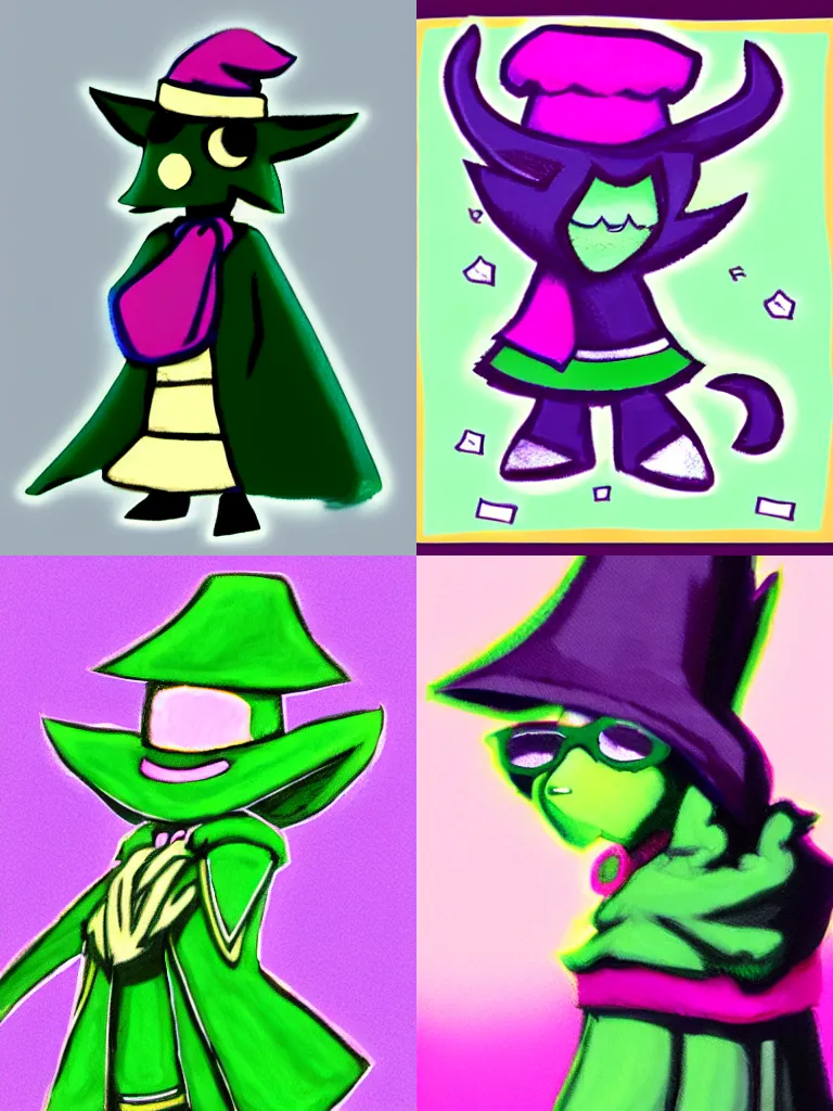 Prompt: soft painting of ralsei from deltarune, black anthro goat with green hat and robe and pink scarf, pastel, trending on deviantart, soft shading
