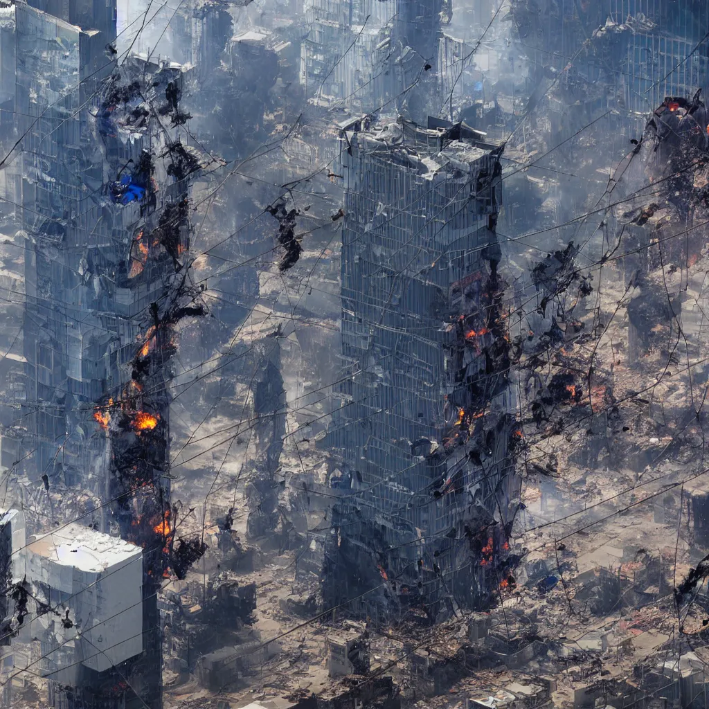 Image similar to torre entel chile being destroyed by protesters, cyberpunk, high detail