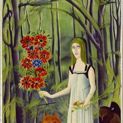 Image similar to In the print Vasilisa can be seen standing in the forest, surrounded by animals. She is holding a basket of flowers in one hand and a spindle in the other. Her face is turned towards the viewer, with a gentle expression. In the background, the forest is depicted as a dark and mysterious place. hollywood cerise, Monster Rancher by Hannah Hoch